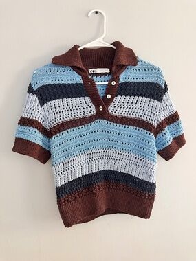 Zara Crochet Knit Polo Sweater Short Sleeve Striped Blue Brown Size L